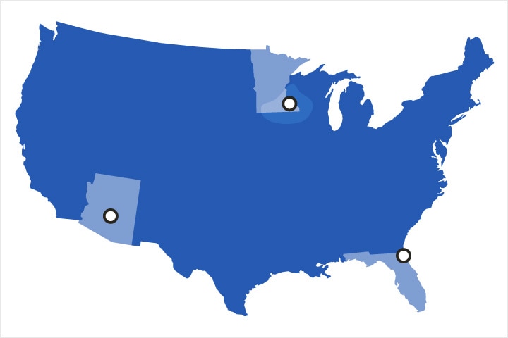 Map of Mayo Clinic locations in Arizona, Florida, and Minnesota