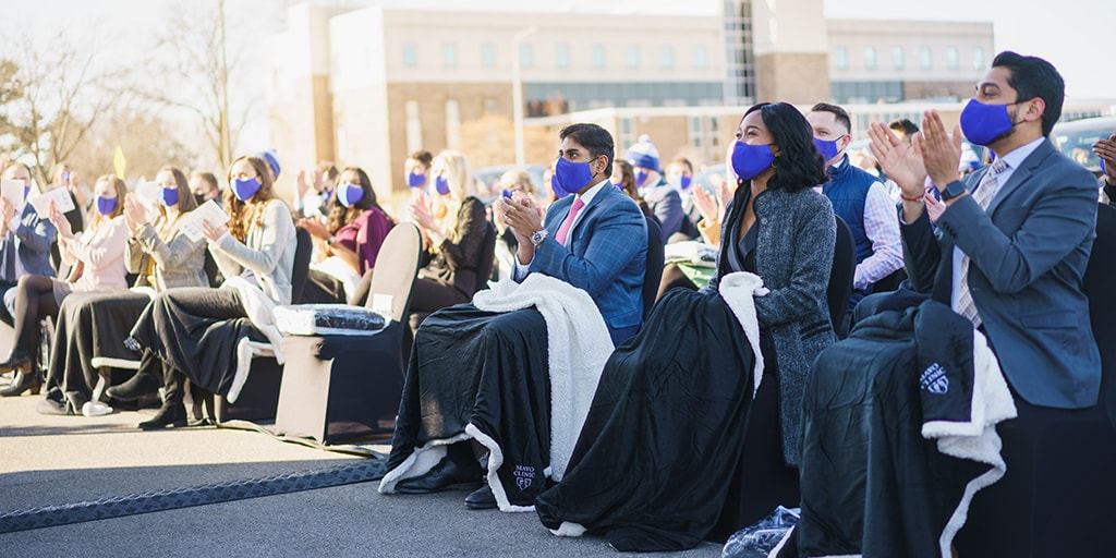 Mayo Clinic medical students gather outside for the 2021 Match Day festivities in Rochester, Minnesota.