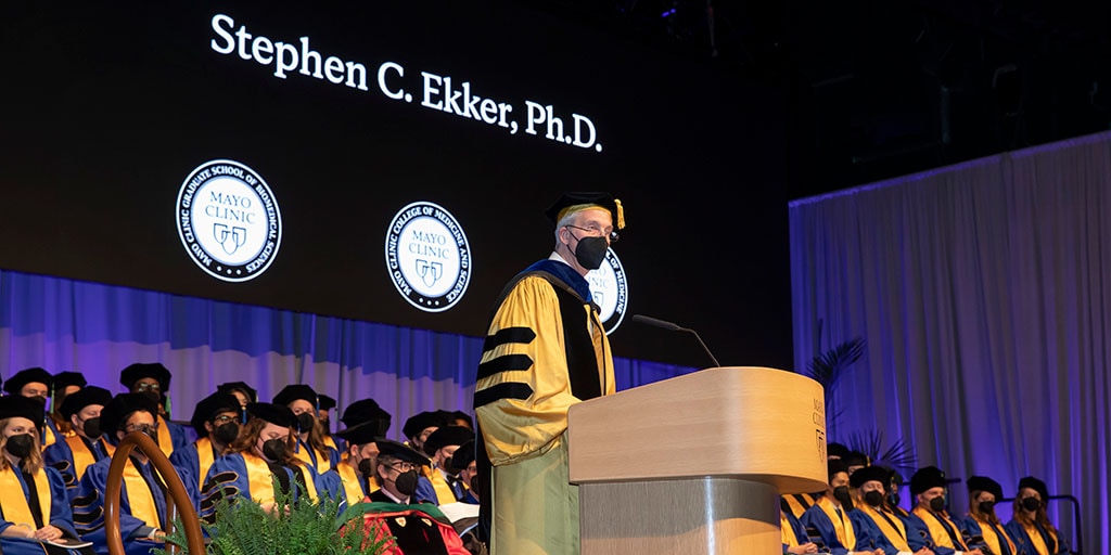 Stephen Ekker, Ph.D., Dean of Mayo Clinic Graduate School of Biomedical Sciences at the 2022 commencement ceremony in Rochester