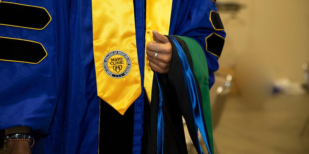 Close-up photo of a graduation robe at a Mayo Clinic commencement ceremony