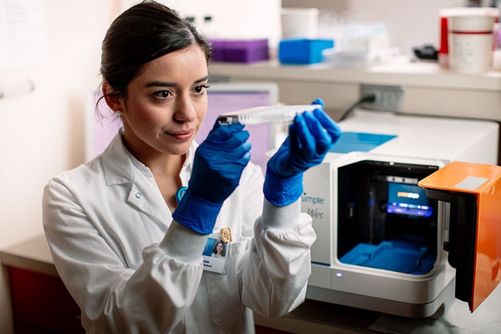 Female scientist examining research cells in Mayo Clinic Graduate School of Biomedical Sciences