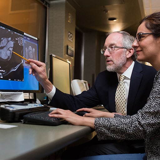 Student and mentor reviewing computer screen of brain MRI