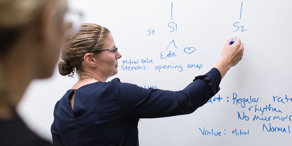 Faculty member at white board explaining curriculum 