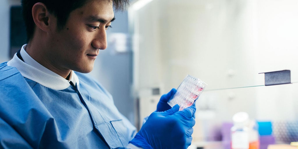 Student looking at test sample