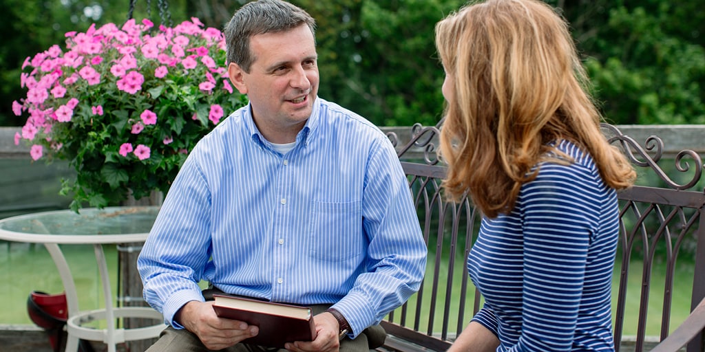 Chaplain speaks with someone at Mayo Clinic in Rochester, Minnesota.