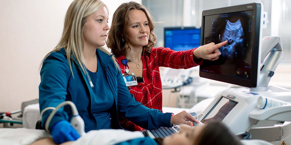 Mayo Clinic sonography student practicing a scan with program director