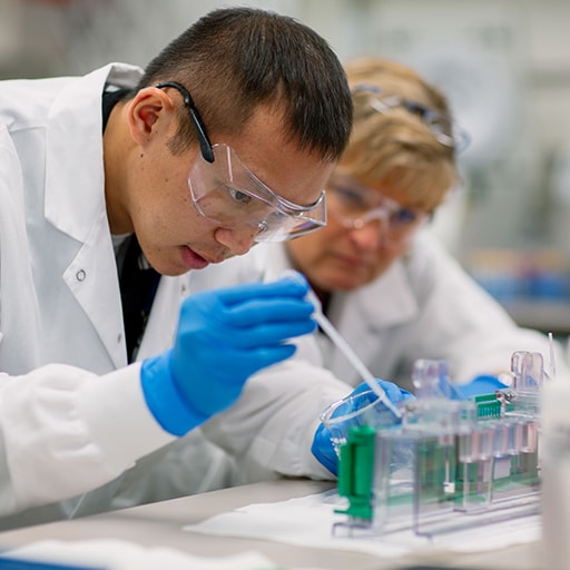 A Mayo Clinic medical lab scientist examining a specimen