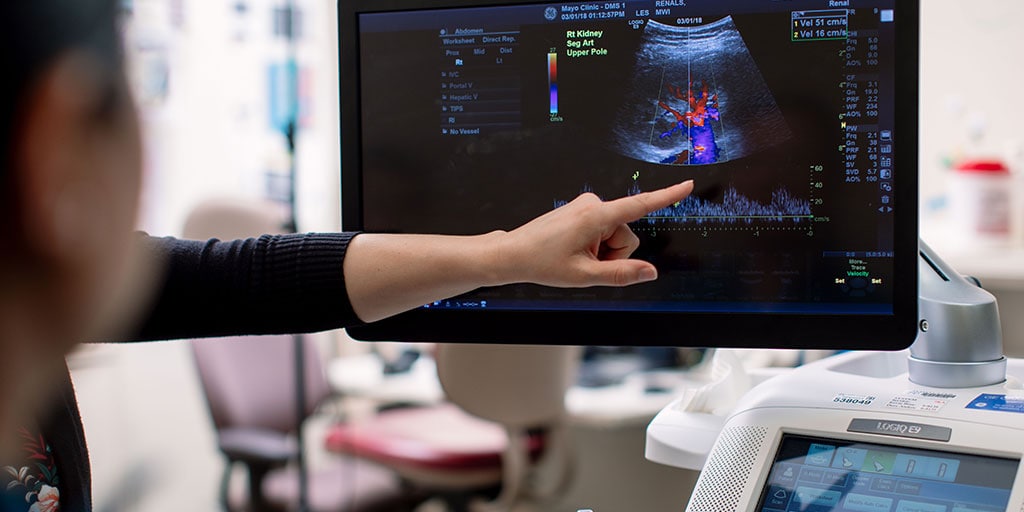 Sonographer pointing out an observation on an ultrasound screen