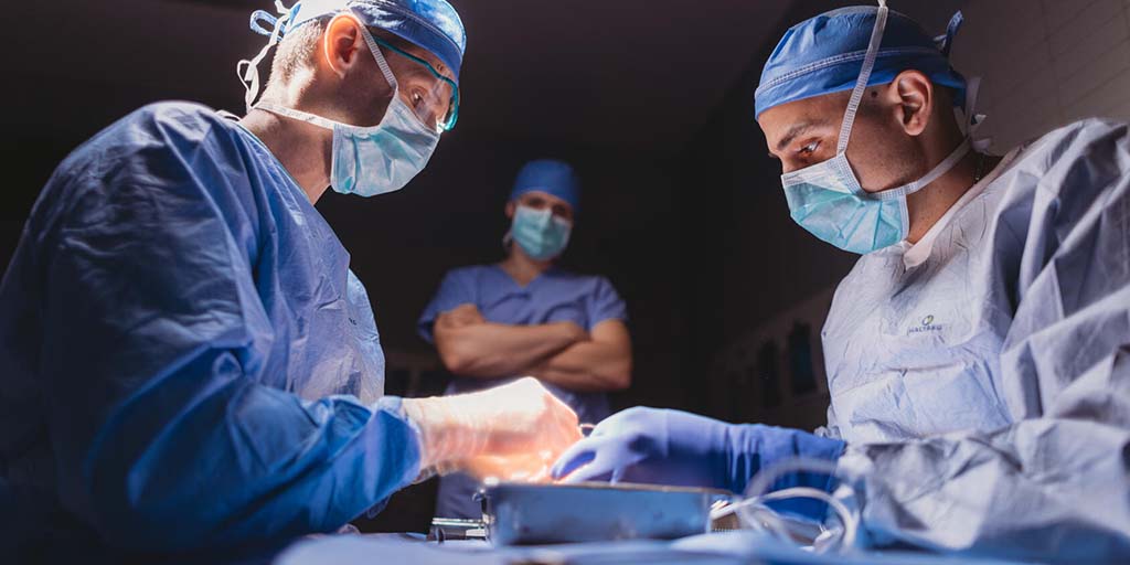 Abdominal transplant surgery fellows in the operating room