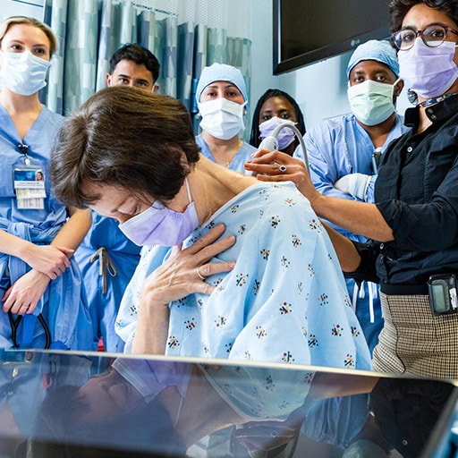 Sindu Nimma, MD, Anesthesiology Instructor, demonstrates ultrasound-guided spinal epidural injection on a patient to Anesthesiology Residents at Mayo Clinic in Jacksonville, Florida.