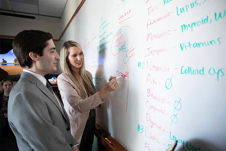 Autoimmune Neurology fellow and faculty member collaborating next to a white board at Mayo Clinic in Jacksonville, Florida.