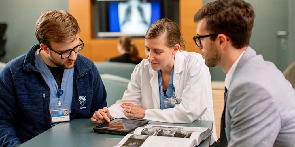 Body Imaging and Intervention fellows speak to each other about a case at Mayo Clinic in Rochester, Minnesota.
