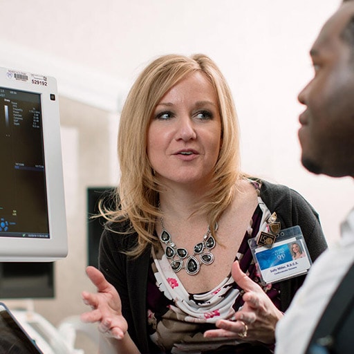 Echocardiography fellow and faculty member looking at a scan at Mayo Clinic in Rochester, Minnesota.