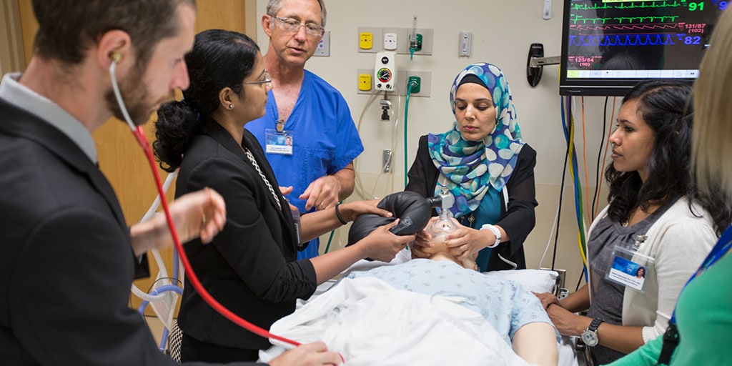 Mayo Clinic critical care physicians and fellows in simulation center