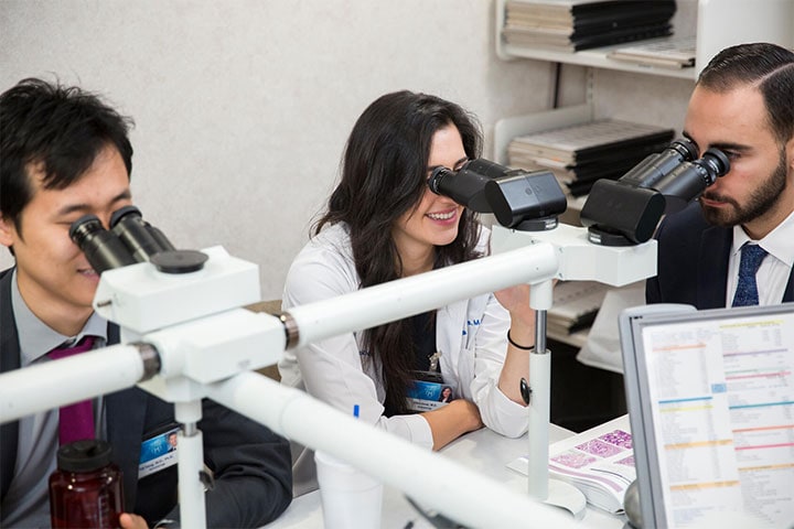 Mayo Clinic dermatology residents in Arizona looking into microscopes.
