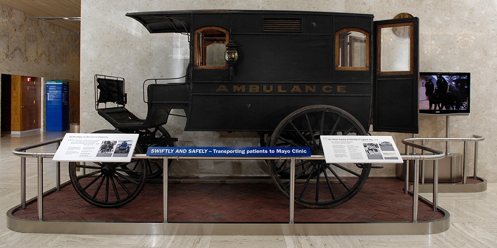 This old ambulance on display shows the long history of Mayo Clinic providing emergency care to the community.