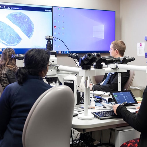 Mayo Clinic genitourinary pathology fellows view a pathology sample on a monitor.