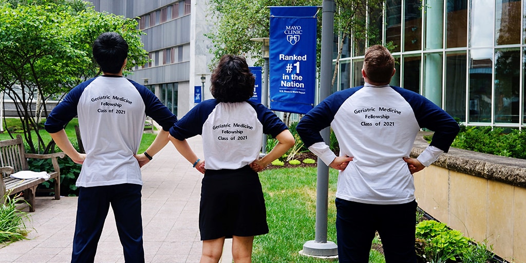 The 2021 Geriatric Medicine Fellowship graduates pose with their new shirts they were gifted for graduation.