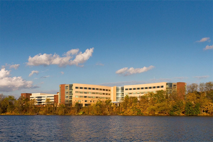 Skyline view of Mayo Clinic Health System in Eau Claire, Wisconsin, along the river.