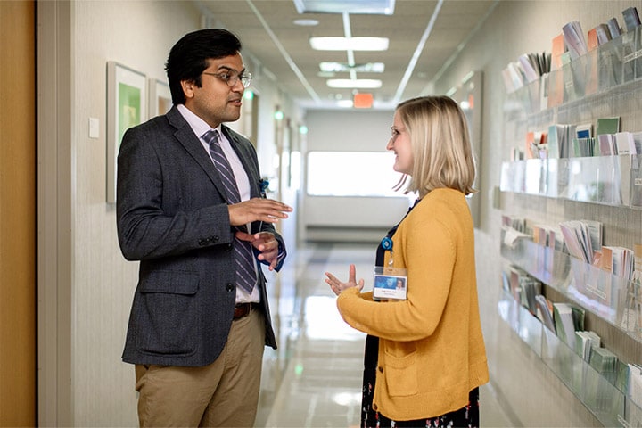 Internal Medicine Preliminary residents collaborate in the hallway at Mayo Clinic in Rochester, Minnesota.