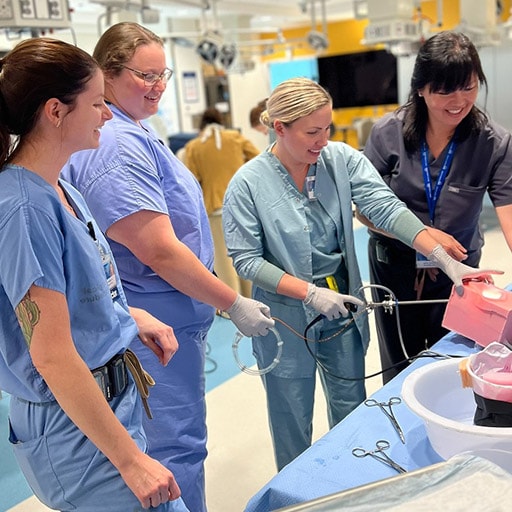 Minimally Invasive Gynecologic Surgery (MIGS) fellows practice a procedure in the simulation lab at Mayo Clinic's campus in Jacksonville, Florida.