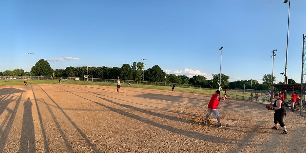 The neurosurgery resident and fellow softball team plays a game in Rochester, Minnesota.