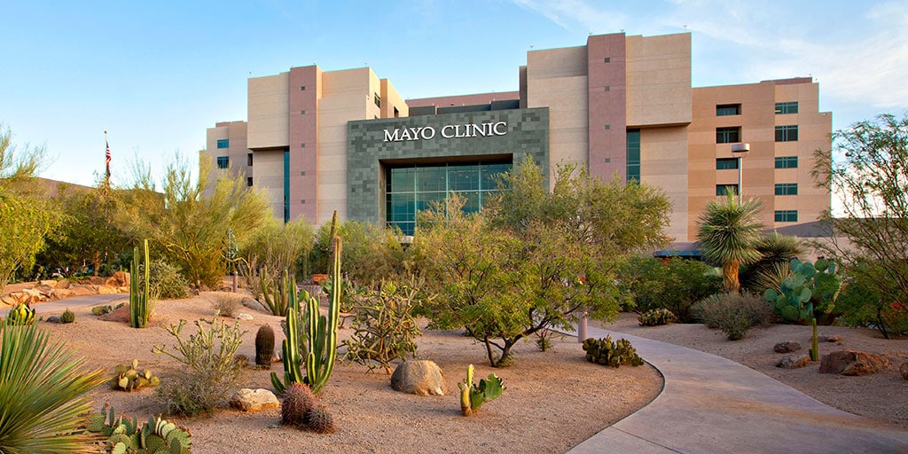 view of the Mayo Clinic building on the Arizona campus in a desert scene