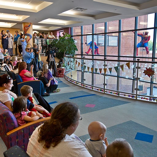 Superheros visit the children at Mayo Clinic Hospital in Rochester, Minnesota.