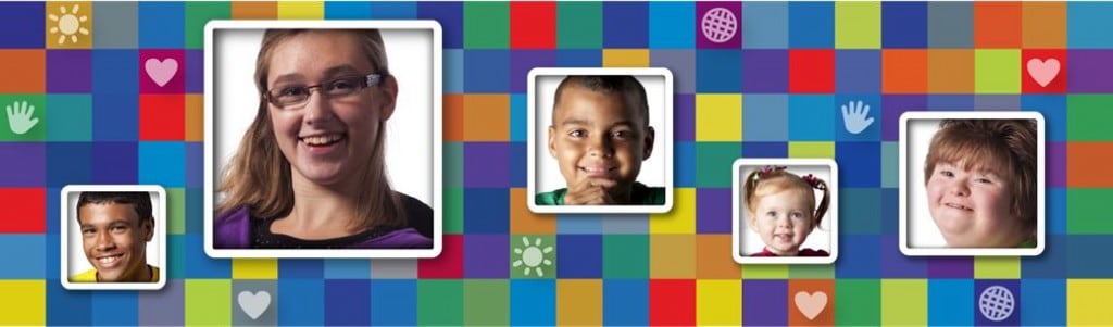 Images of children on a geometric background.