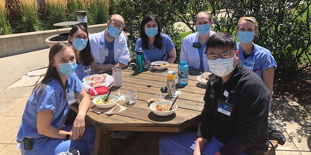 Psychiatry residents taking their lunch break outside at Mayo Clinic in Rochester, Minnesota.