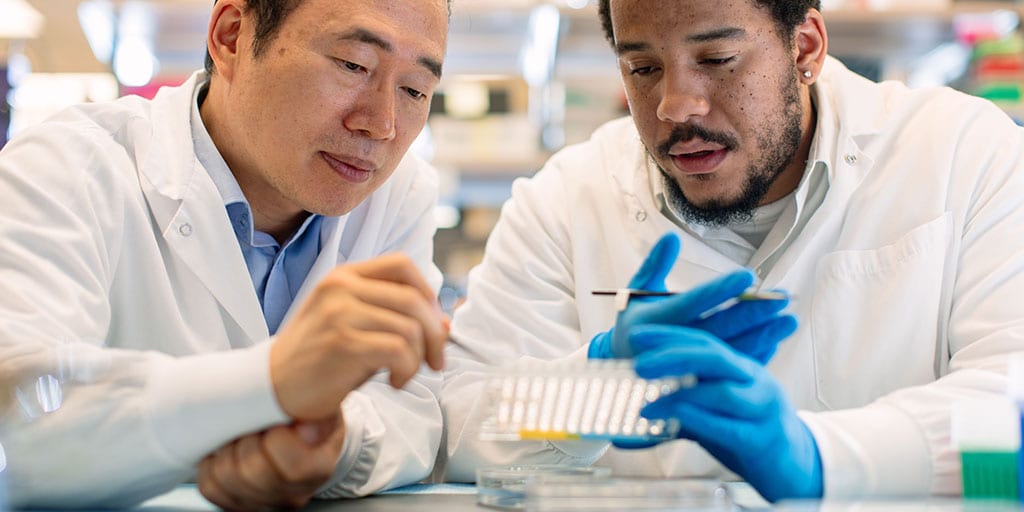 Mayo Clinic trainee and researcher examining samples in a lab