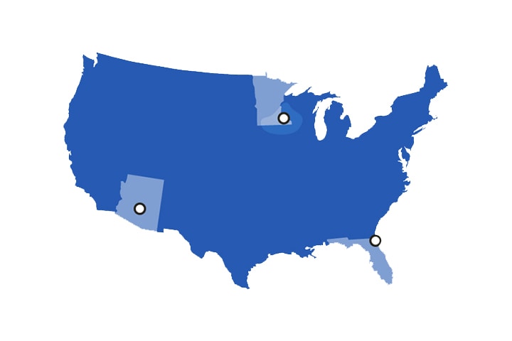 Map of three Mayo Clinic Alix School of Medicine campus locations.