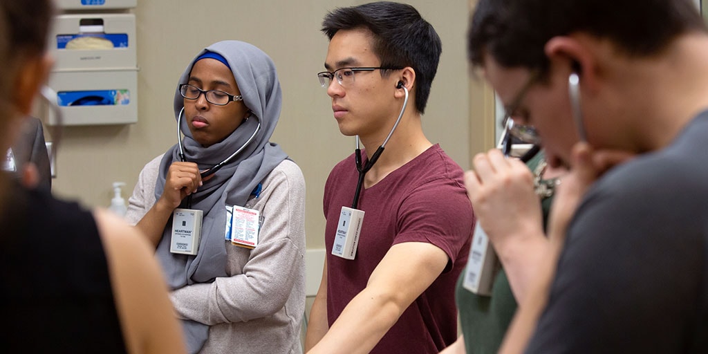 Mayo Clinic M.D. Program students listening to heartbeats with stethoscopes