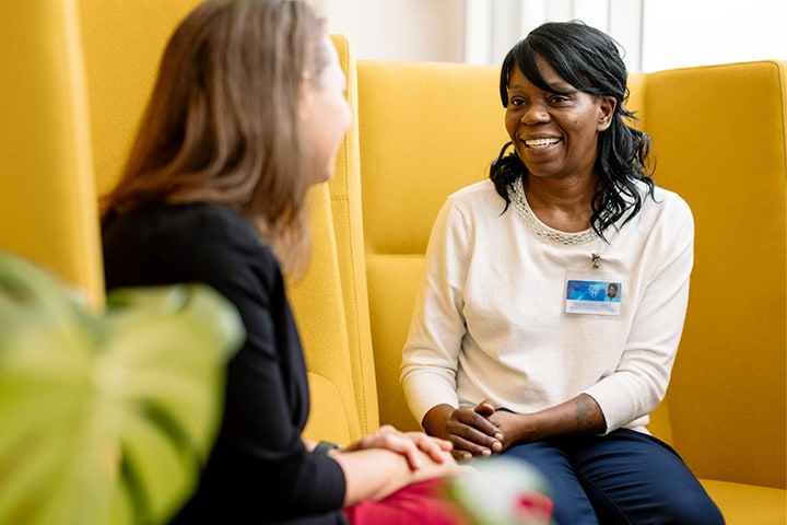 Mayo Clinic Alix School of Medicine student speaks with a Disability Access Services representative at Mayo Clinic's campus in Rochester, Minnesota.