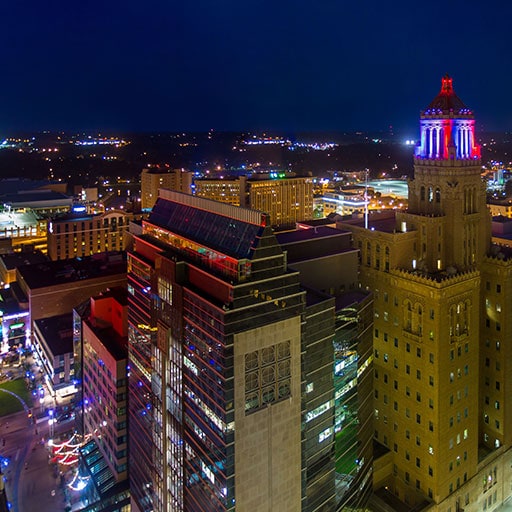 Nighttime skyline photo of Mayo Clinic's downtown campus in Rochester, Minnesota