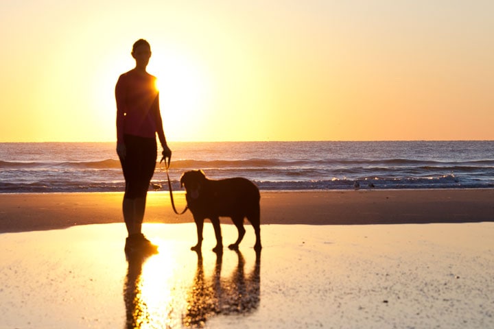 A woman walks on the beach with her doggo.
